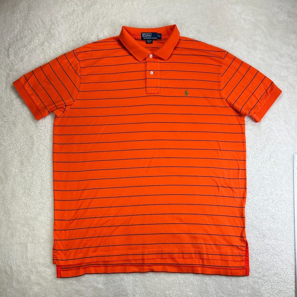 Polo Ralph Lauren Polo Shirt Mens XL Orange Striped Hi-Low‎ Hem Short Sleeve